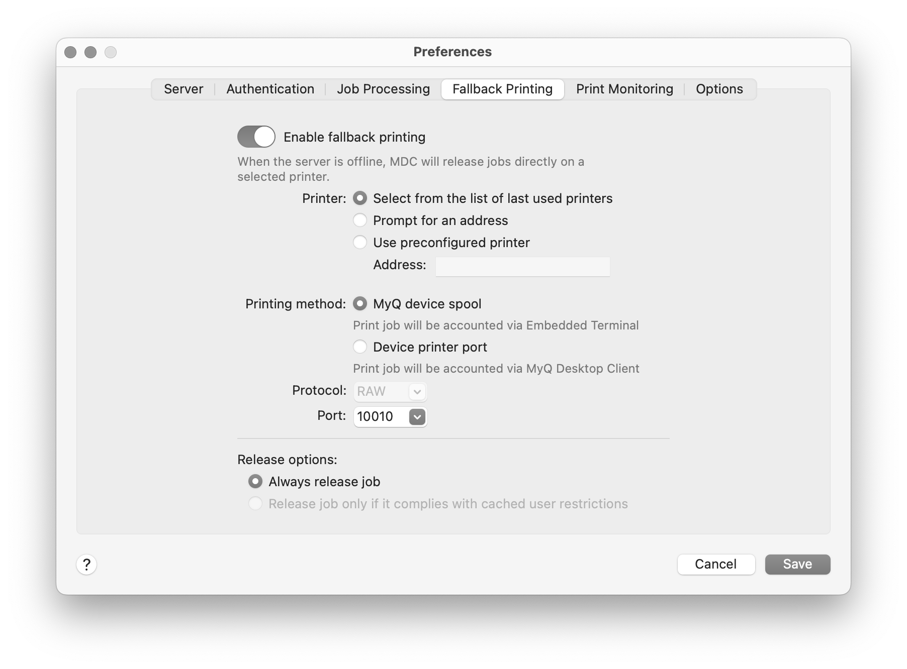 Fallback printing settings