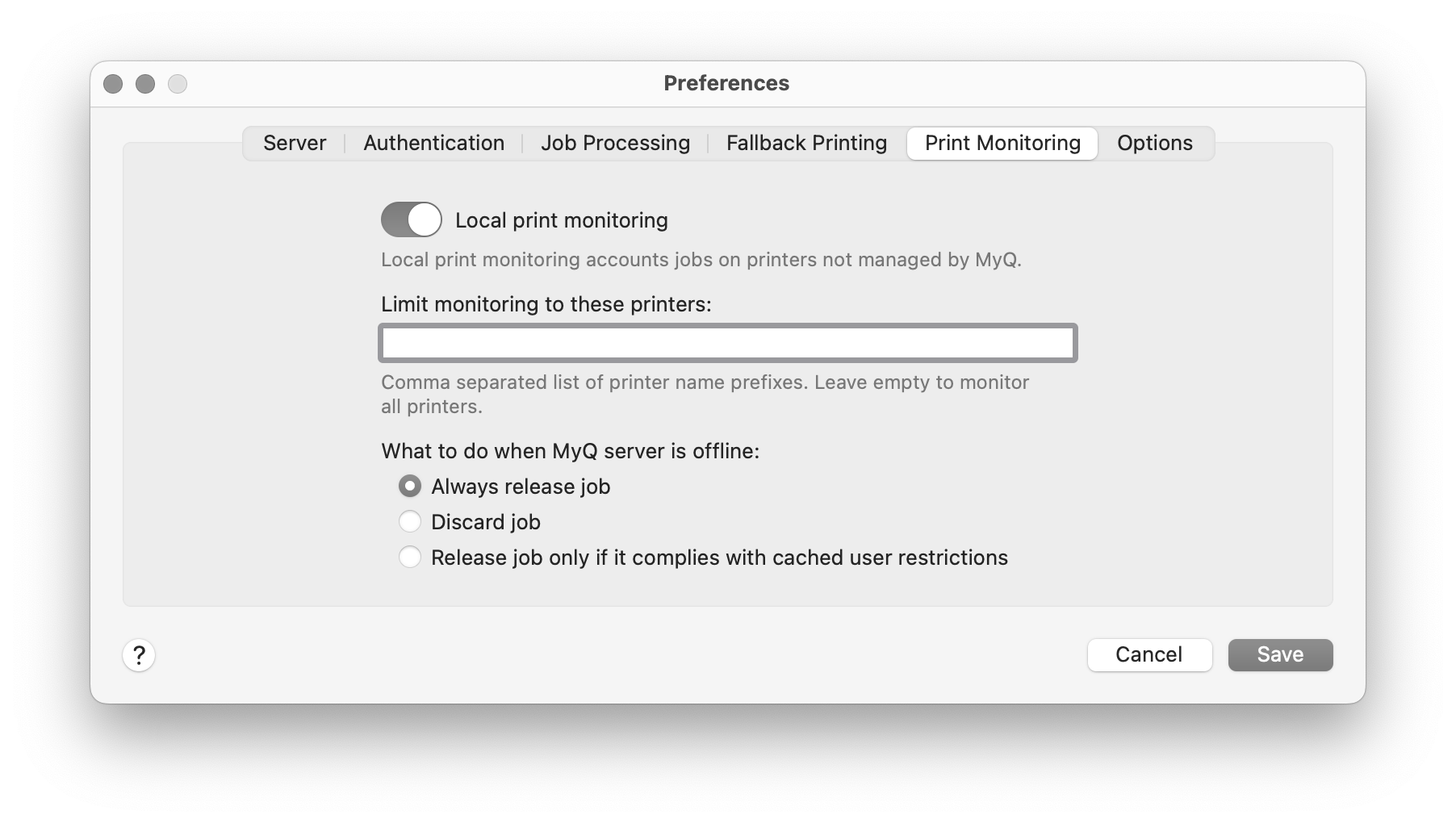 Local Print Monitoring settings