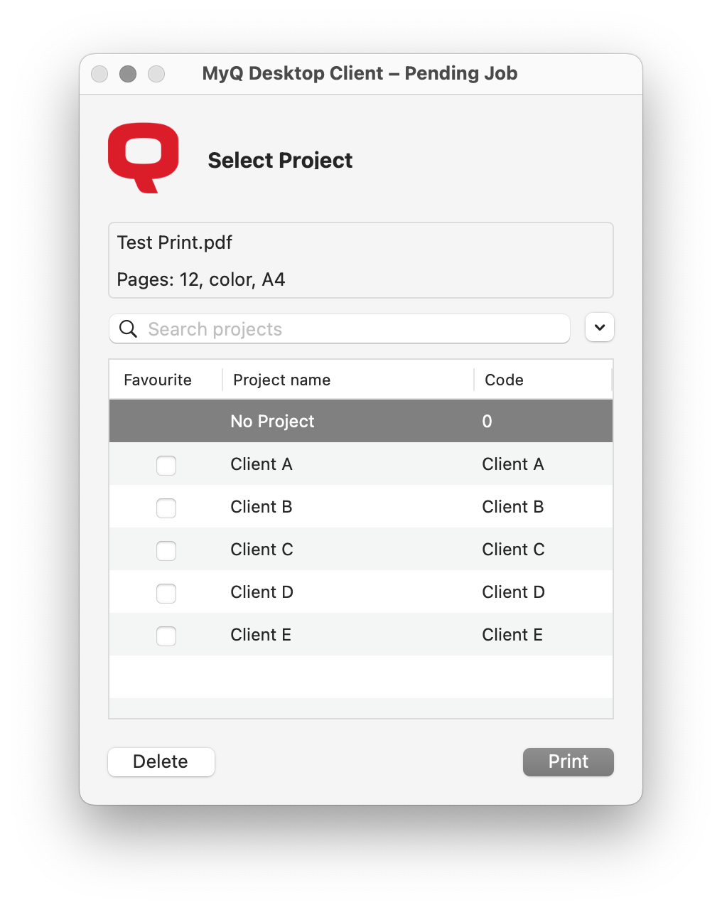 Selecting a project from the list