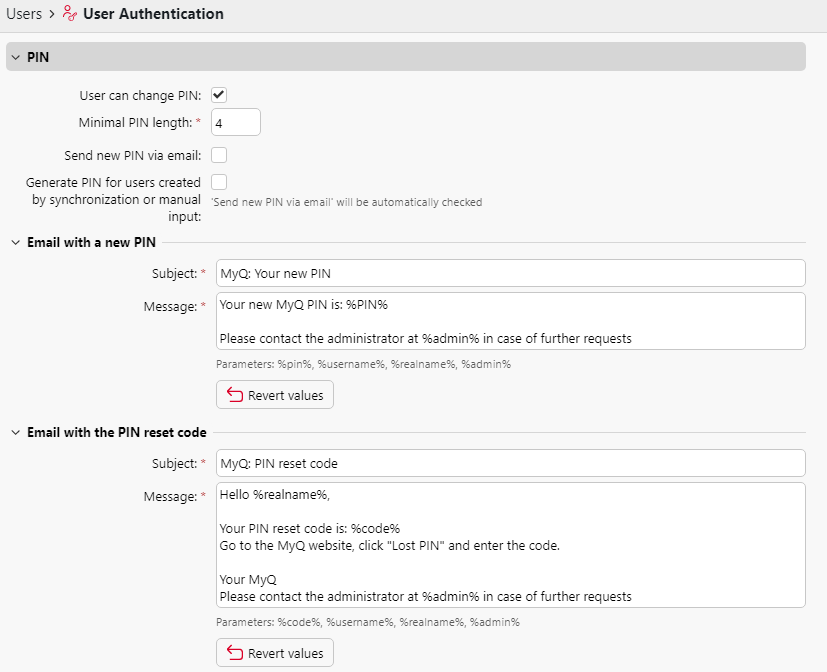 User Authentication settings - PIN