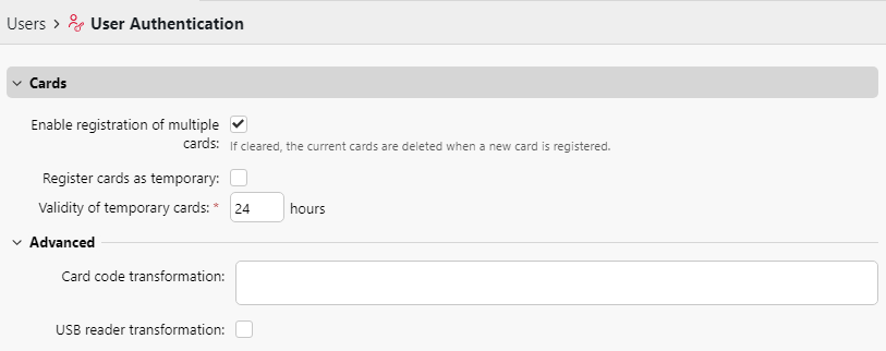 User Authentication settings tab - Cards