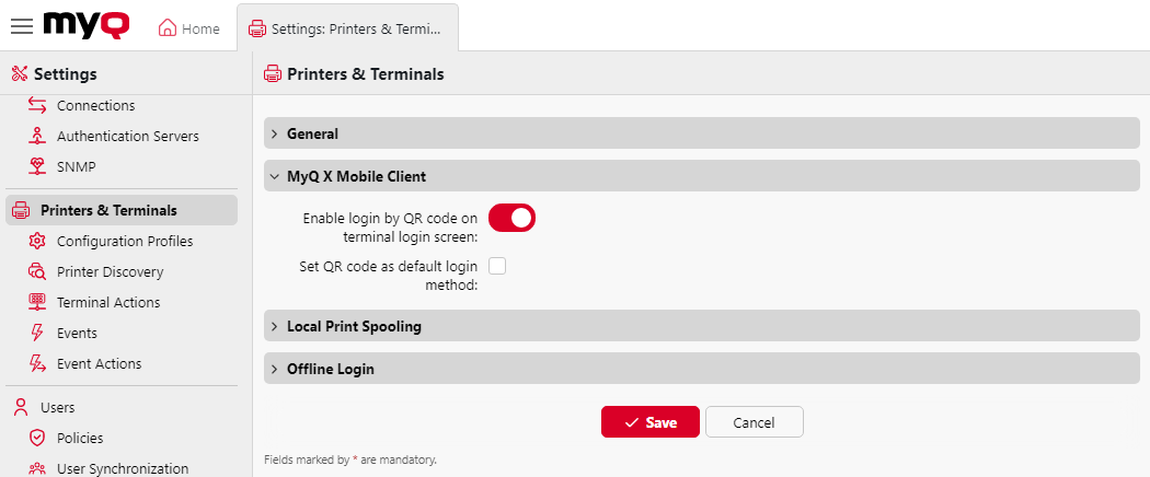 MyQ X Mobile Client section in Printers and Terminals settings