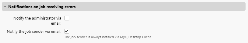 Notifications on job receiving errors settings