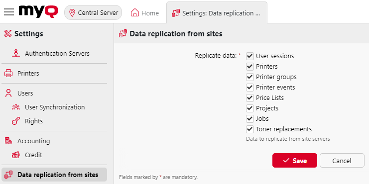 Data replication from sites settings