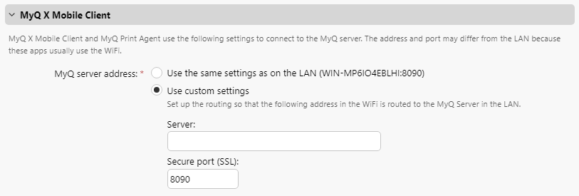 MyQ X Mobile Client network settings