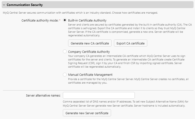 Communication security settings