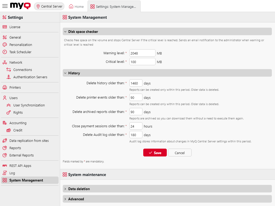 System Management settings tab