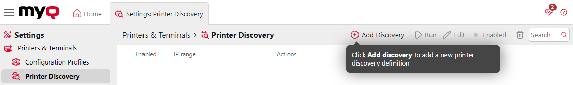 Printer Discovery settings tab