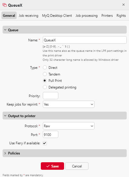 Queue properties panel