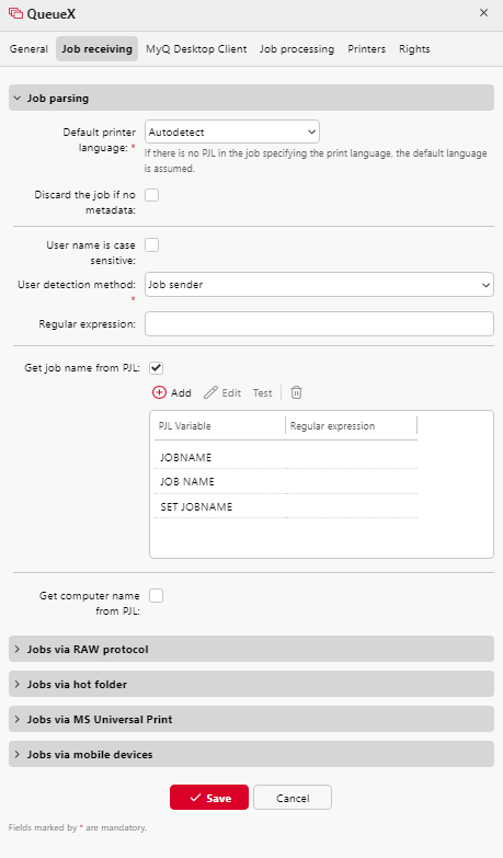 Job receiving tab properties