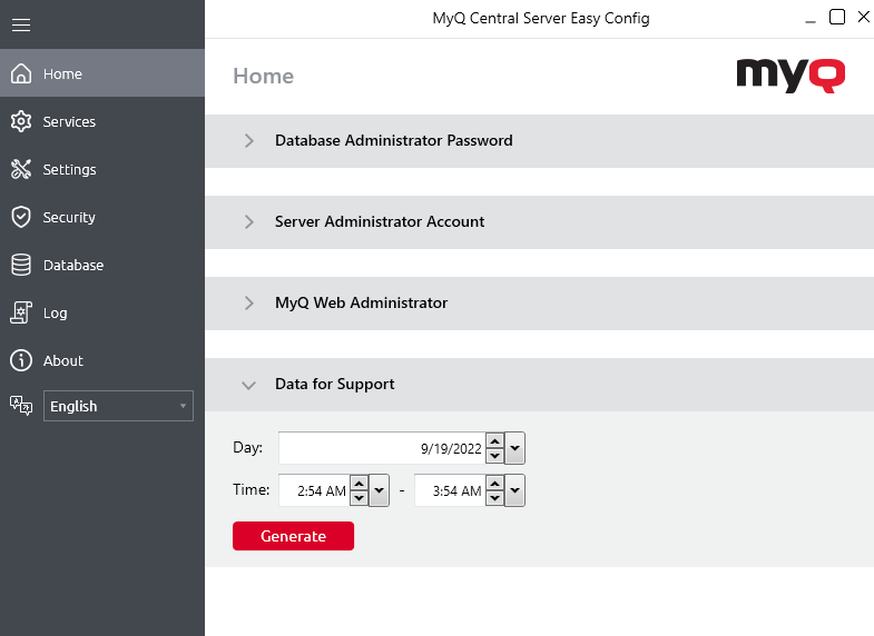 Generate data for support in MyQ Central Easy Config app