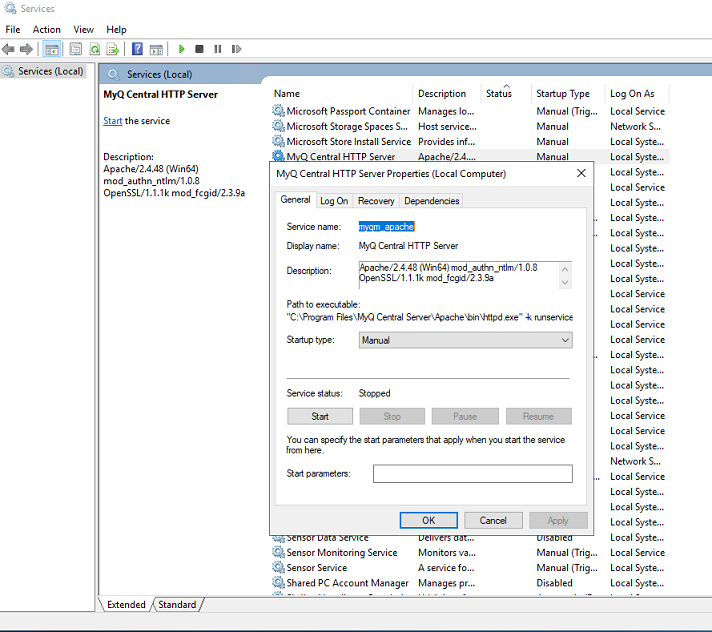 Setting MyQ Central HTTP server service to manual startup
