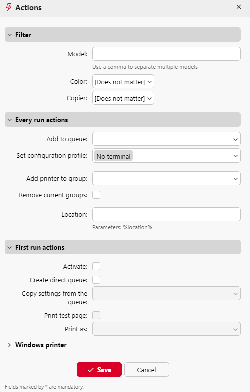 Printer discovery actions tab properties