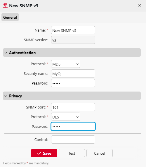 SNMP v3 properties