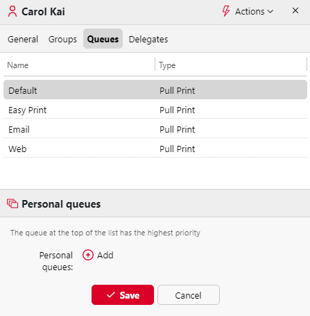 User properties - Queues tab