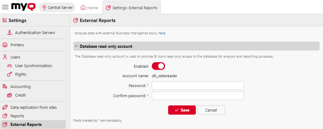 External Reports settings tab