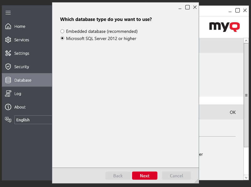 Selecting the MS SQL server 2012 or higher database type option