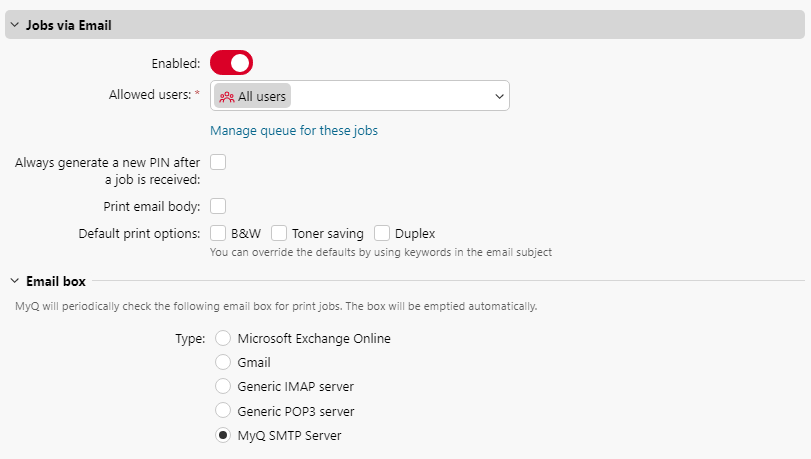 Printing from email settings