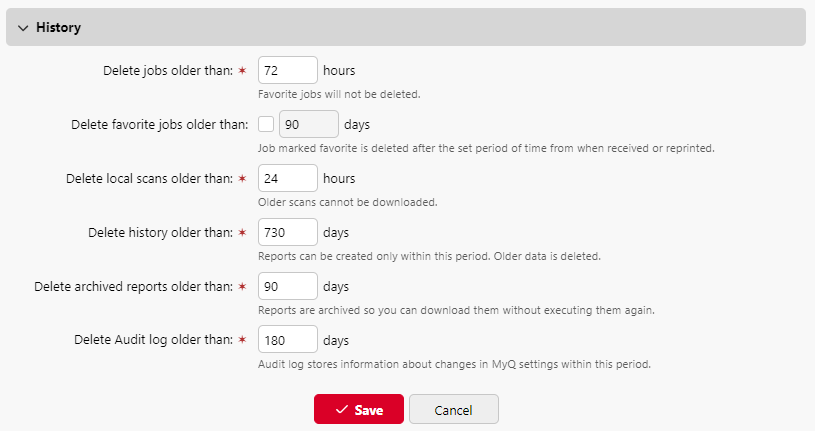 system management history settings