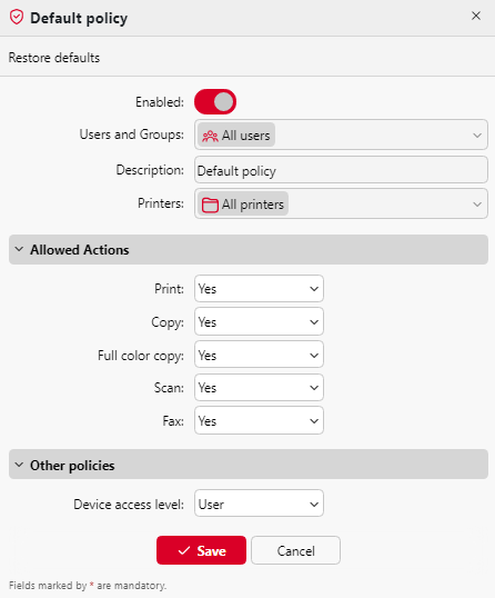 Default printer policy properties