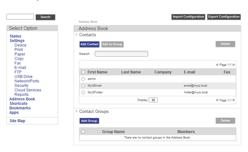 Address Book on the device web UI