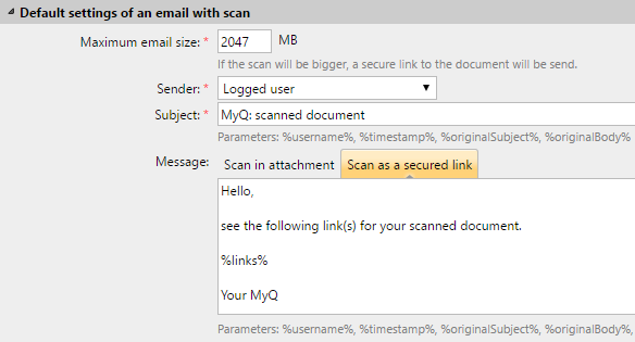 Settings for an email with a scan