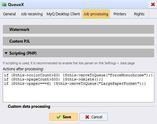 Actions after processing properties sub-tab