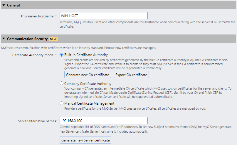 communication security settings on the MyQ web UI