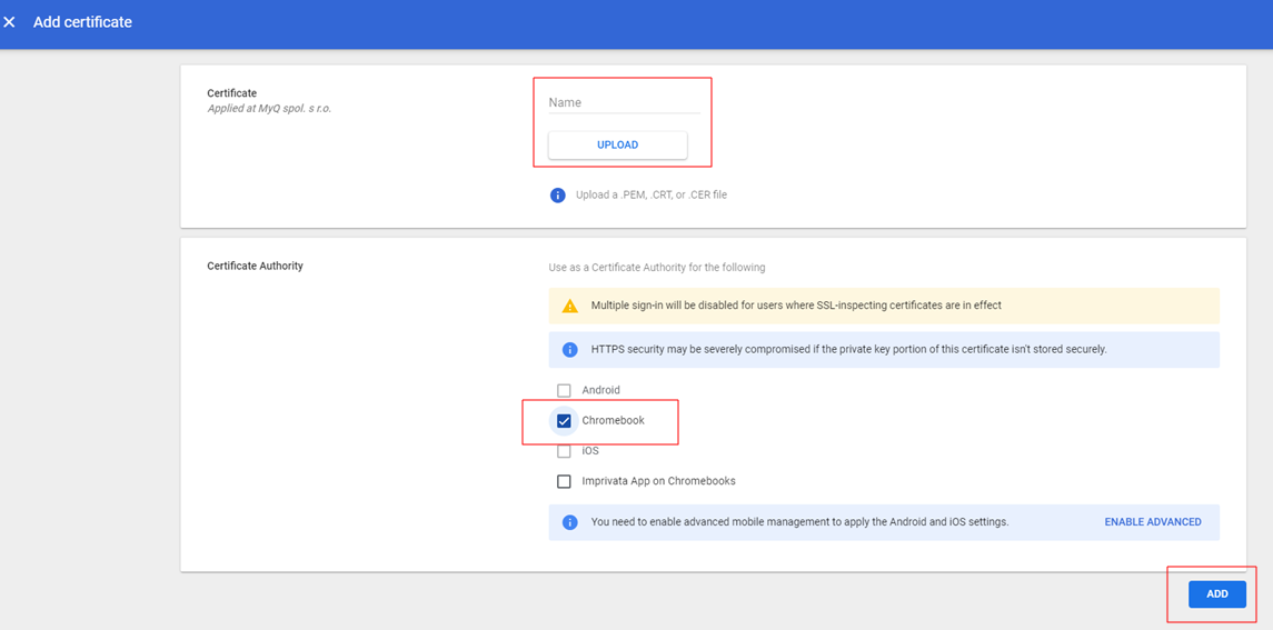 Google Admin Console - Upload Certificate
