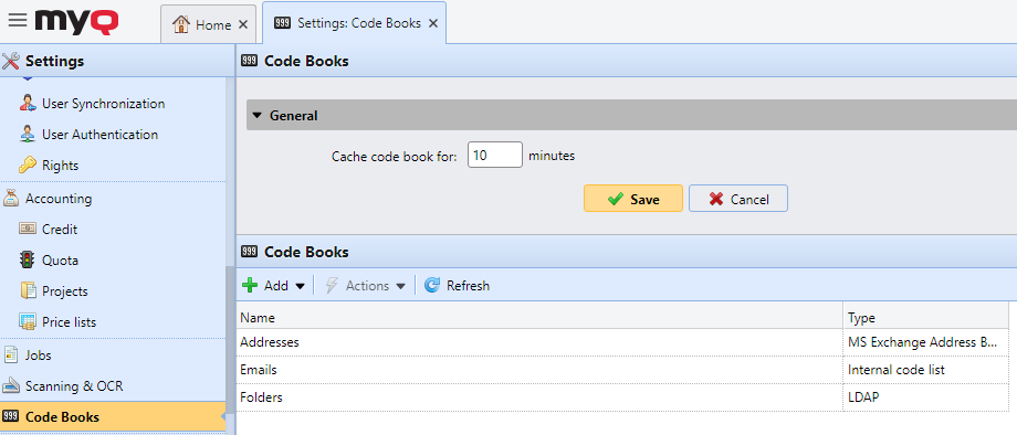 Code Books settings tab