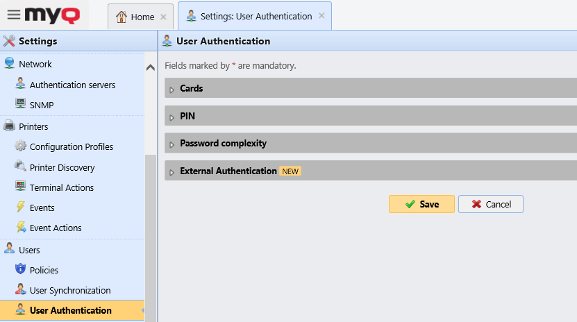 User Authentication settings tab