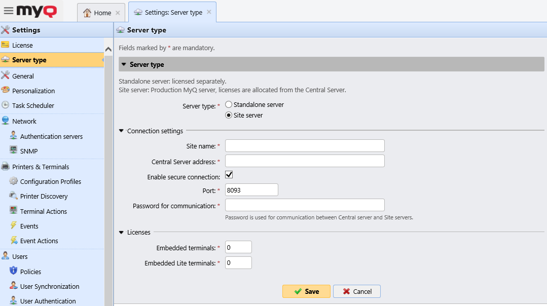 Server type settings tab