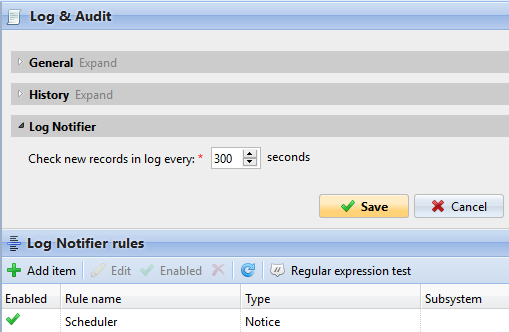 Log and Audit settings tab
