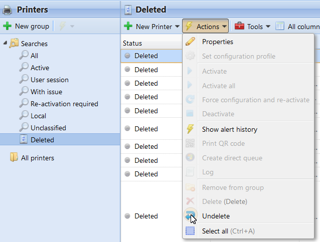 Undeleting a printer