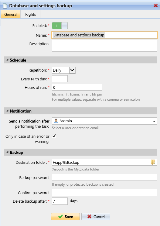 Database and settings task schedule example