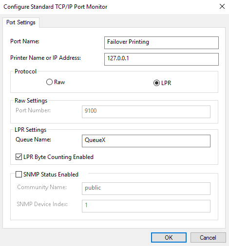TCP IP port settings for failover printing