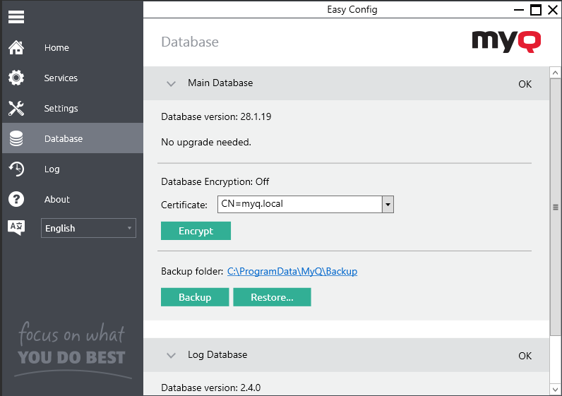 MyQ Easy Config Database tab
