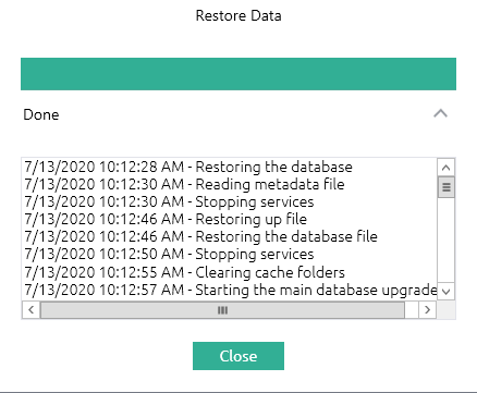 Restore Data process window