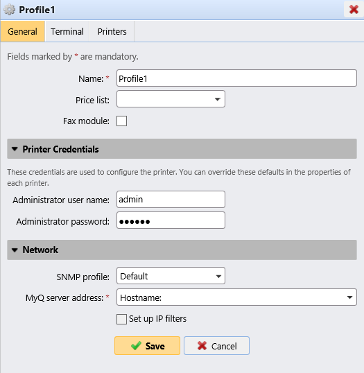 Configuration profile general tab