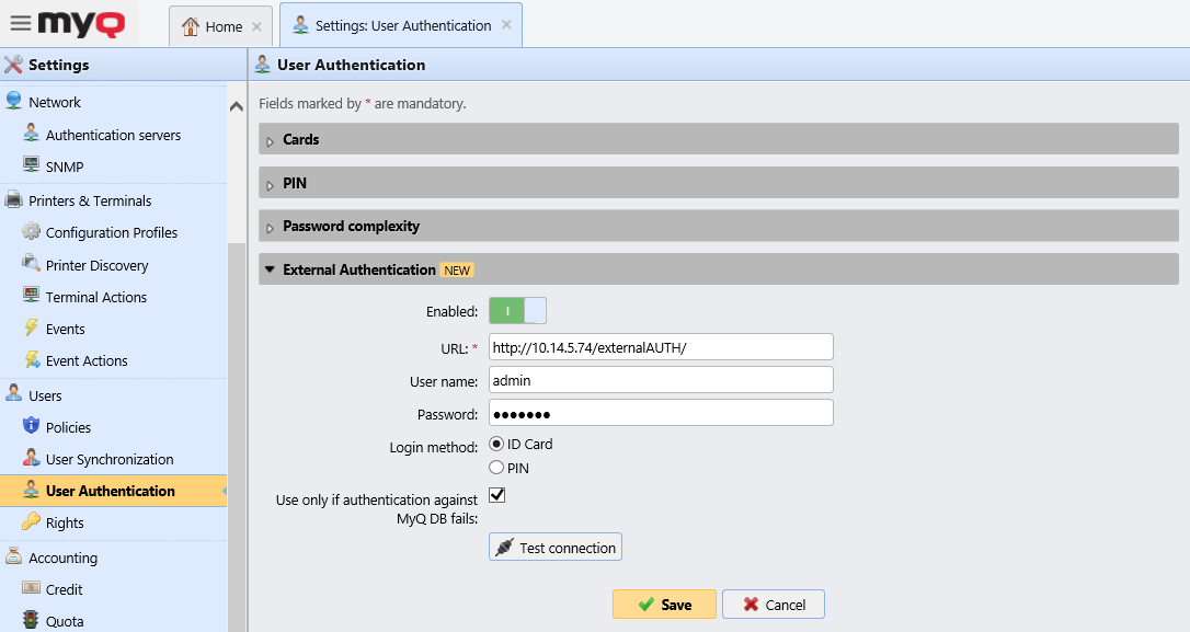 External authentication settings