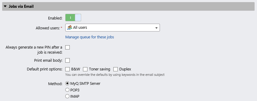 Printing from email settings