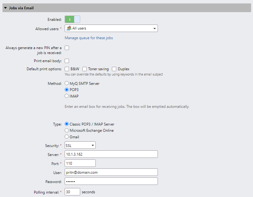 POP3 settings example