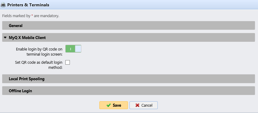 MyQ X Mobile Client section in Printers and Terminals settings