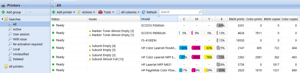 MyQ web UI - Printers overview