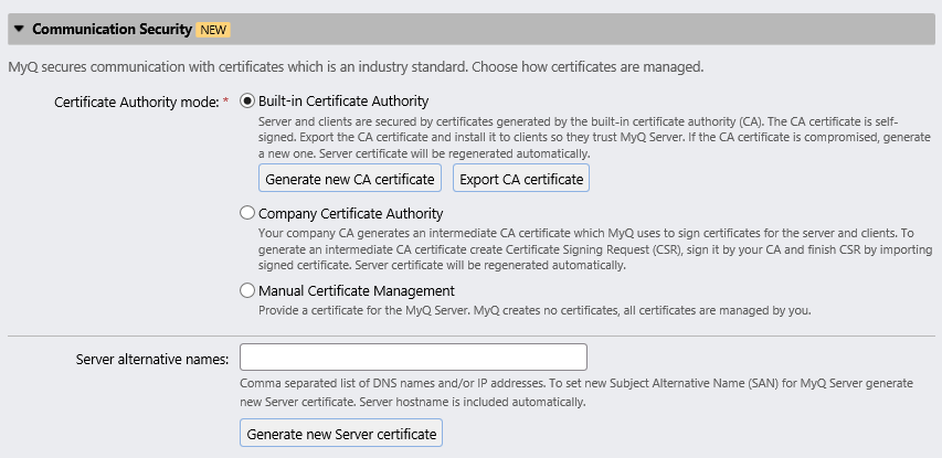 Communication Security settings