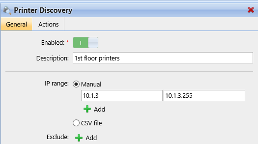 Printer discovery properties panel