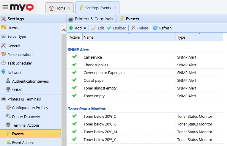 Events settings tab