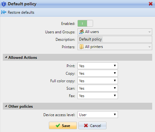 Default printer policy properties