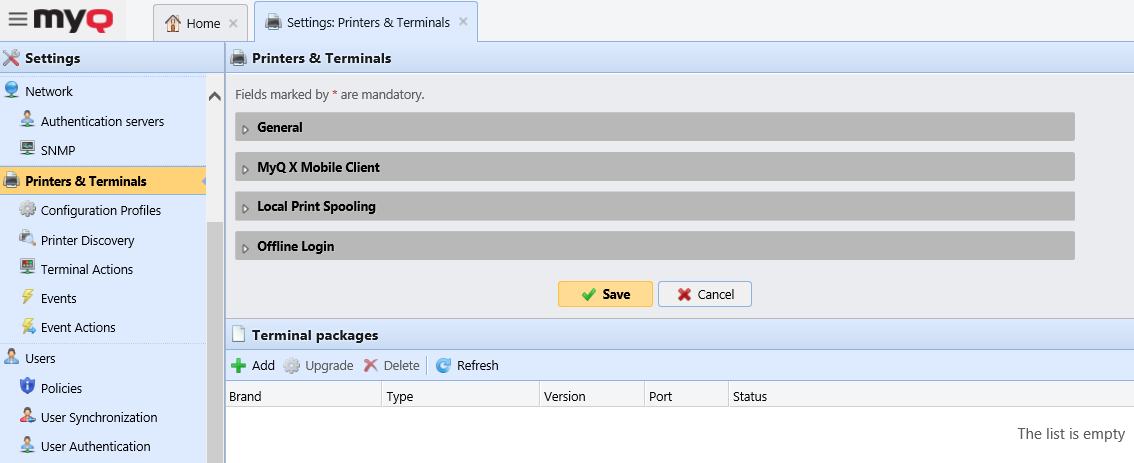 Printers and Terminals settings tab