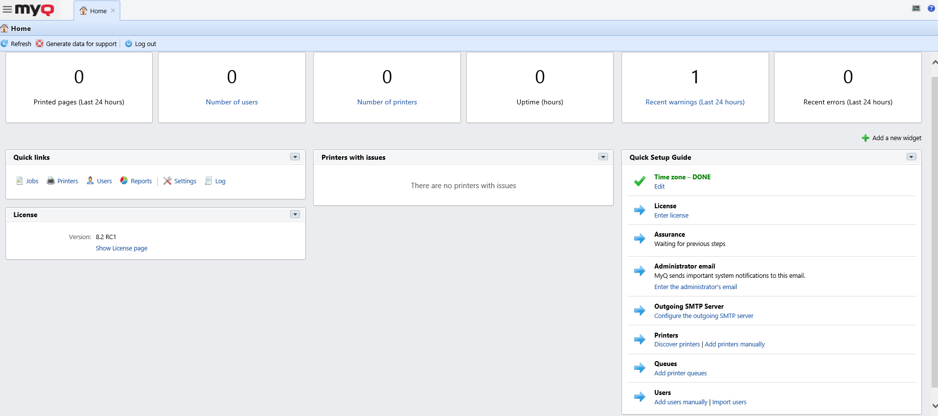 MyQ web UI - Home dashboard